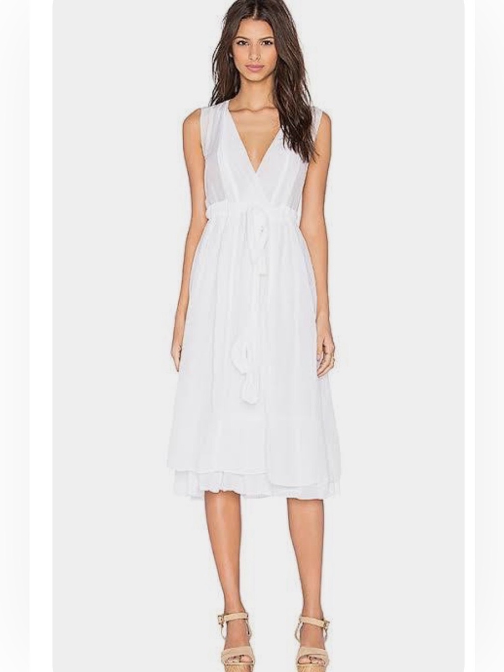 CP Shades Julia silk cotton Sleeveless V-Neck White Midi Dress with Tie Waist L